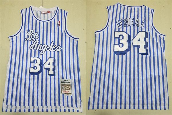 Mens Los Angeles Lakers #34 Shaquille O’Neal 1996-97 White Blue Striped Hardwood Classics Jersey