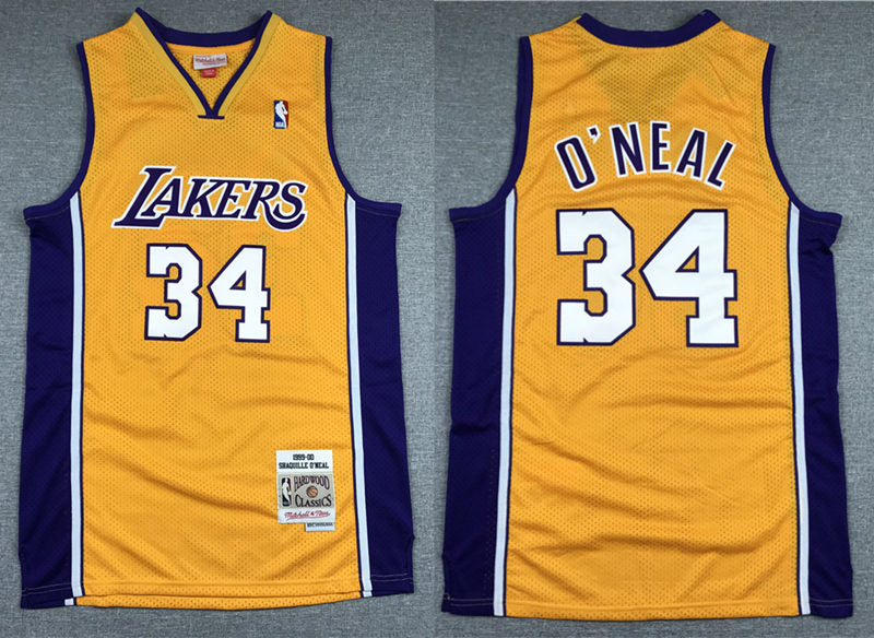 Mens Los Angeles Lakers #34 Shaquille O’Neal 1999-2000 Gold Purple Hardwood Classics Throwback Jersey