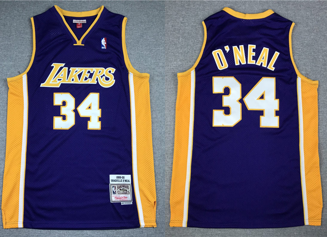 Mens Los Angeles Lakers #34 Shaquille O’Neal 1999-2000 Purple Gold Mitchell&Ness Hardwood Classics Throwback Jersey