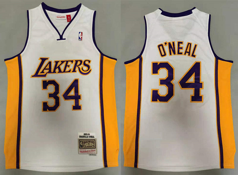 Mens Los Angeles Lakers #34 Shaquille O’neal 2003-04 White Mitchell & Ness Hardwood Classics Throwback Jersey