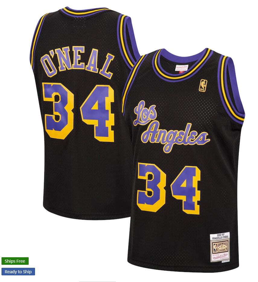 Mens Los Angeles Lakers #34 Shaquille O’Neal Black Mitchell & Ness 1996-97 Hardwood Classics Reload Swingman Jersey