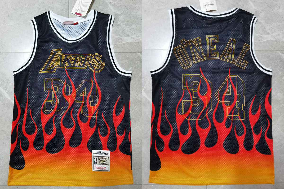 Mens Los Angeles Lakers #34 Shaquille O’Neal Mitchell & Ness 1998-99 NBA Hardwood Classics Black Flames Jersey