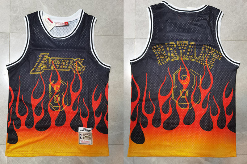 Men’s Los Angeles Lakers #8 Kobe Bryant Mitchell & Ness 1998-99 NBA Hardwood Classics Black Flames Jersey