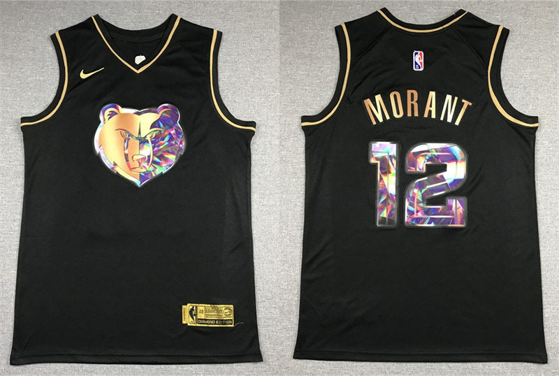 Mens Memphis Grizzlies #12 Ja Morant 2021-22 Diamond Team Logo NBA 75th Season Black Golden Jersey