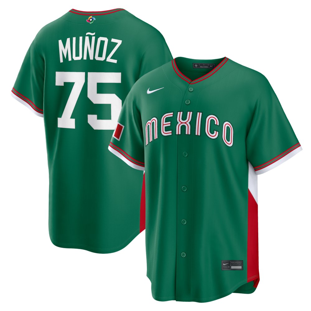 Men’s Mexico Baseball #75 Andres Munoz Green 2026 World Baseball Classic Road Stadium Jersey
