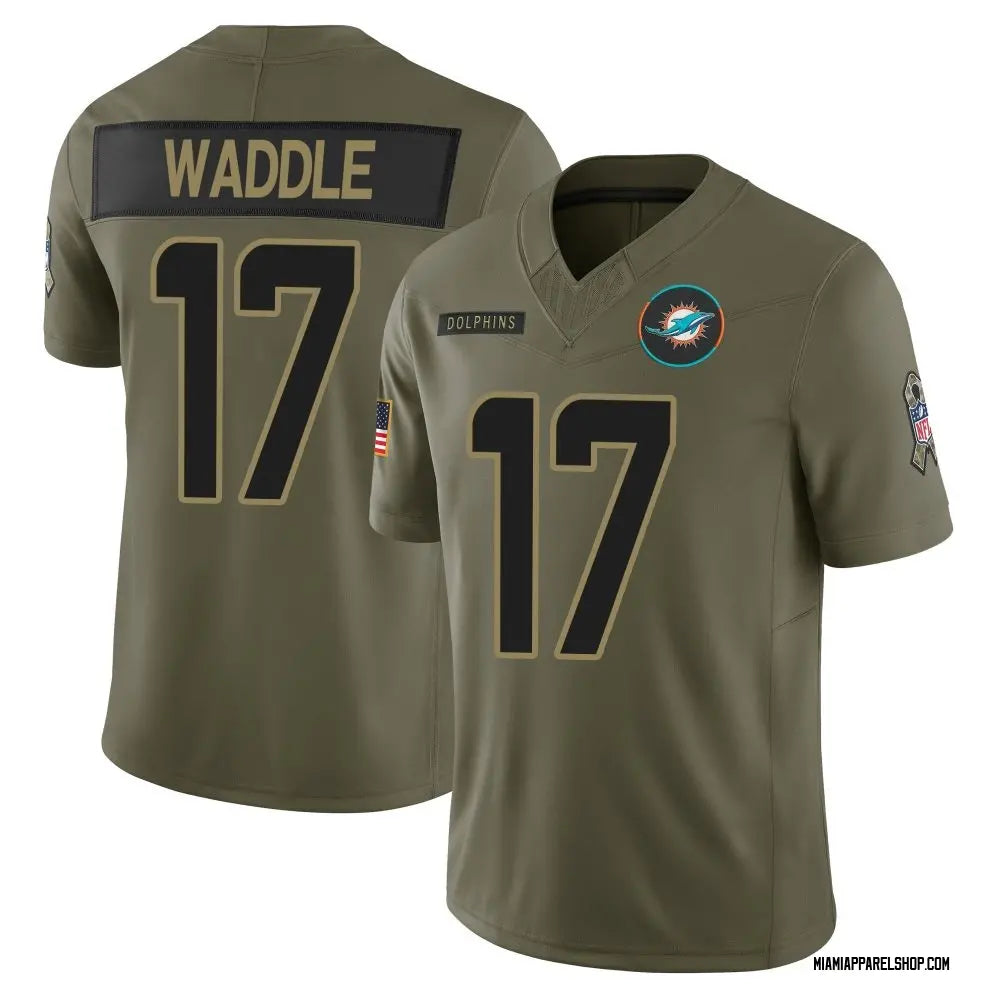 Mens Miami Dolphins #17 Jaylen Waddle Nike 2025 Salute to Service Retired Limited Jersey – Olive