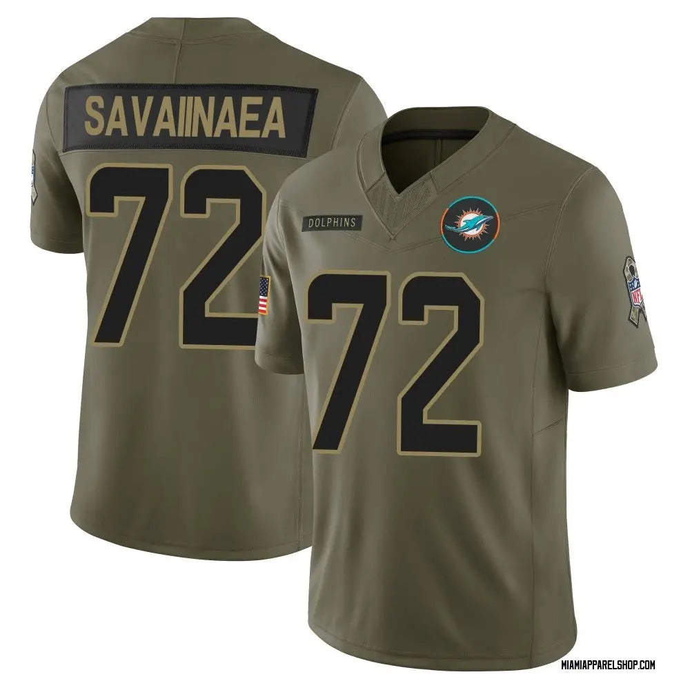 Mens Miami Dolphins #72 Jonah Savaiinaea Nike 2025 Salute to Service Retired Limited Jersey – Olive