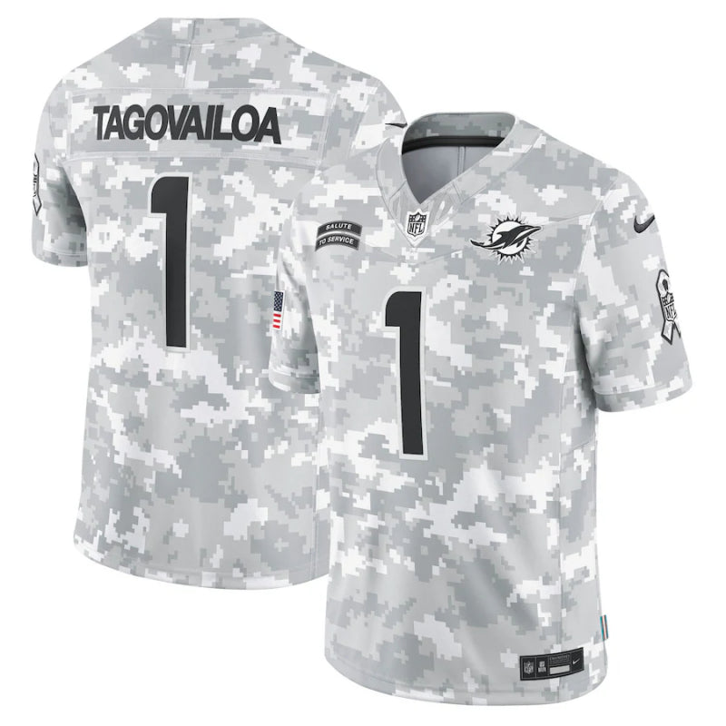 Men’s Miami Dolphins Tua Tagovailoa #1 Arctic Camo 2024 Salute to Service Limited Jersey