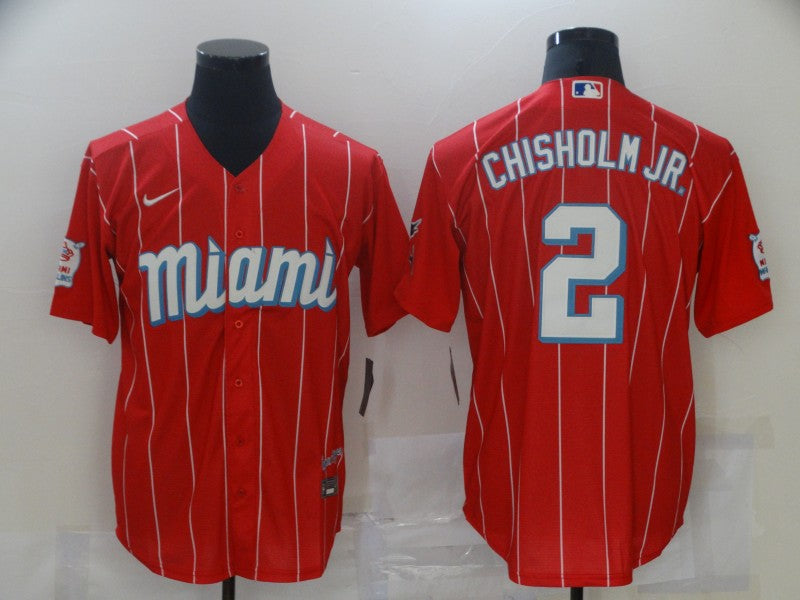Men’s Miami Marlins Jazz Chisholm Jr. #2 Red Baseball Jersey