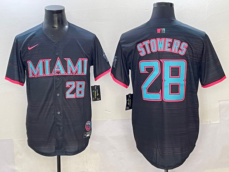 Men’s Miami Marlins Kyle Stowers #28 Black 2025 City Connect Limited Jersey