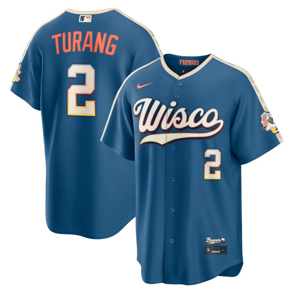Men’s Milwaukee Brewers #2 Brice Turang Nike Mineral Blue 2026 City Connect Stadium Jersey