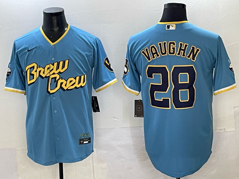 Men’s Milwaukee Brewers Andrew Vaughn #28 Powder Blue City Connect Limited Jersey