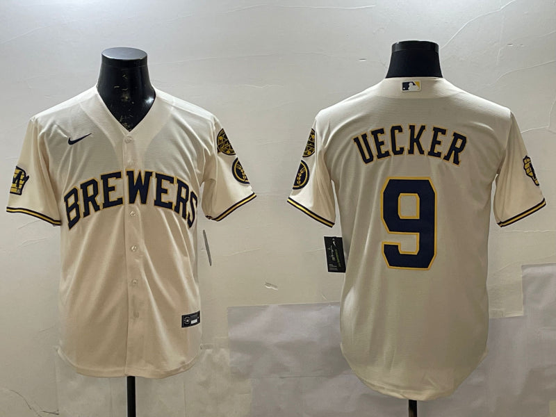 Men’s Milwaukee Brewers Bob Uecker #9 Cream Home Limited Jersey
