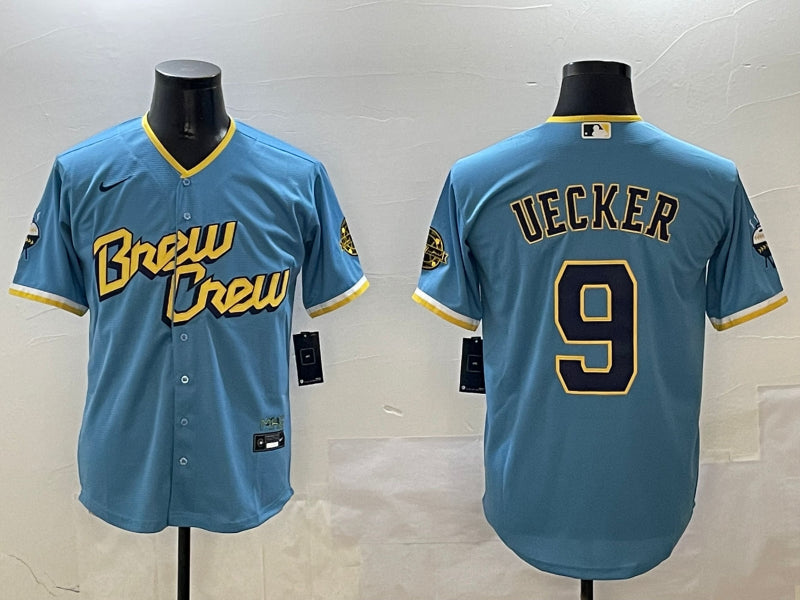 Men’s Milwaukee Brewers Bob Uecker #9 Powder Blue City Connect Jersey