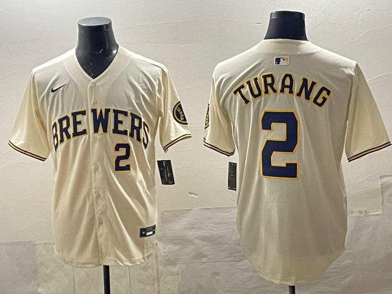 Men’s Milwaukee Brewers Brice Turang #2 Cream Home Jersey