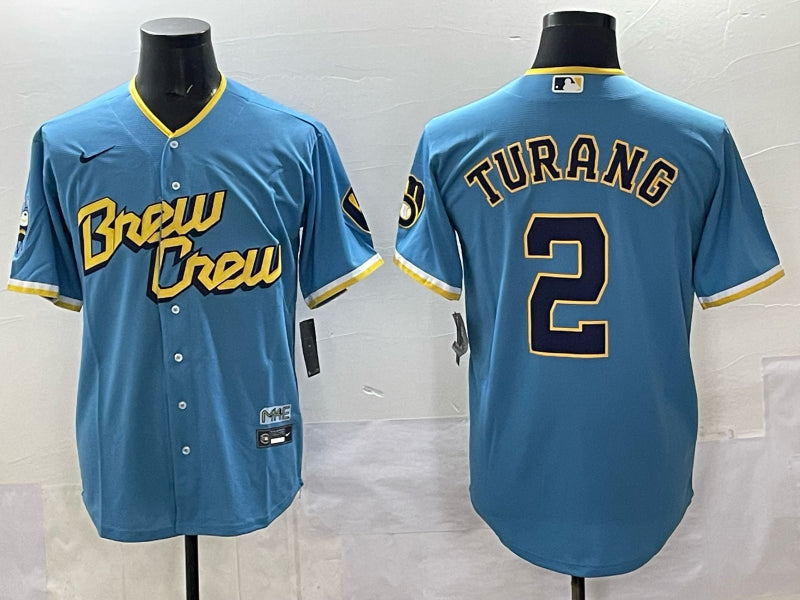 Men’s Milwaukee Brewers Brice Turang #2 Powder Blue City Connect Jersey