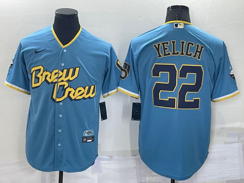 Men’s Milwaukee Brewers Christian Yelich #22 Blue Stitched Jersey
