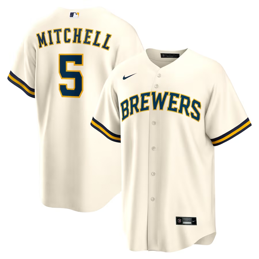 Men’s Milwaukee Brewers Garrett Mitchell #5 Cream Jersey