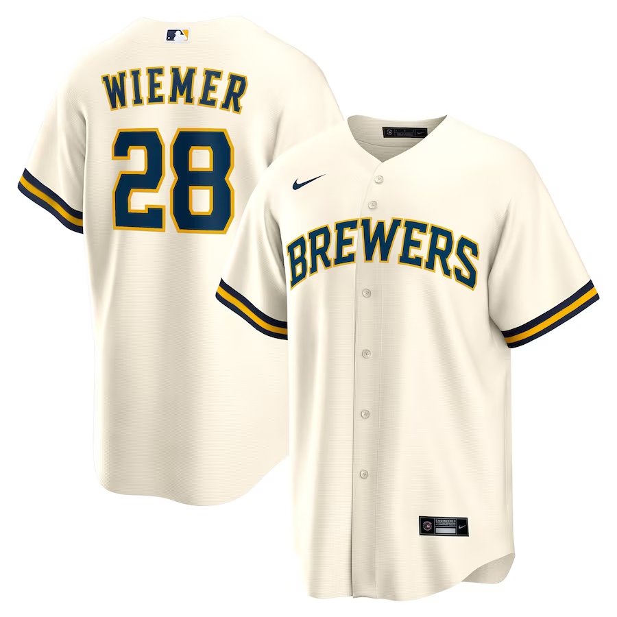 Men’s Milwaukee Brewers Joey Wiemer #28 Cream Home Jersey