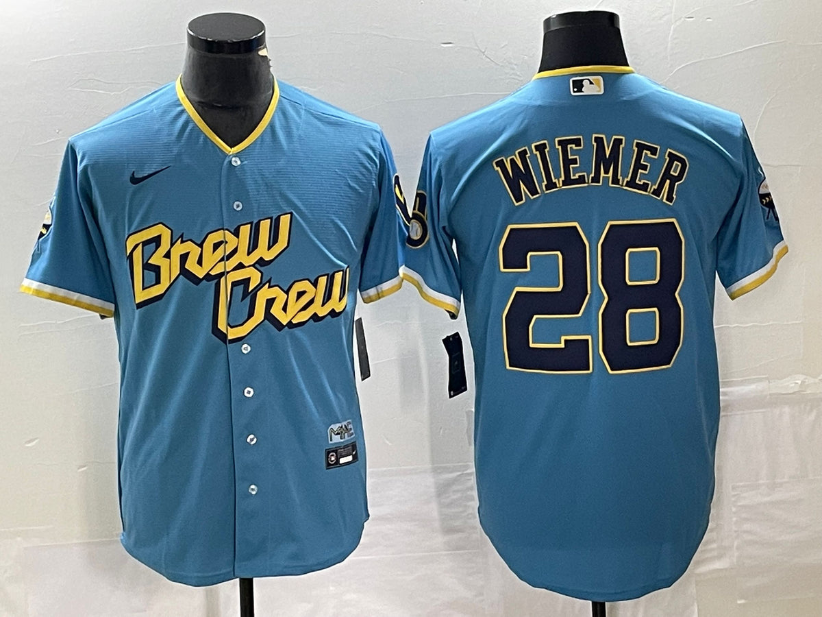 Men’s Milwaukee Brewers Joey Wiemer #28 Powder Blue 2022 City Connect Jersey