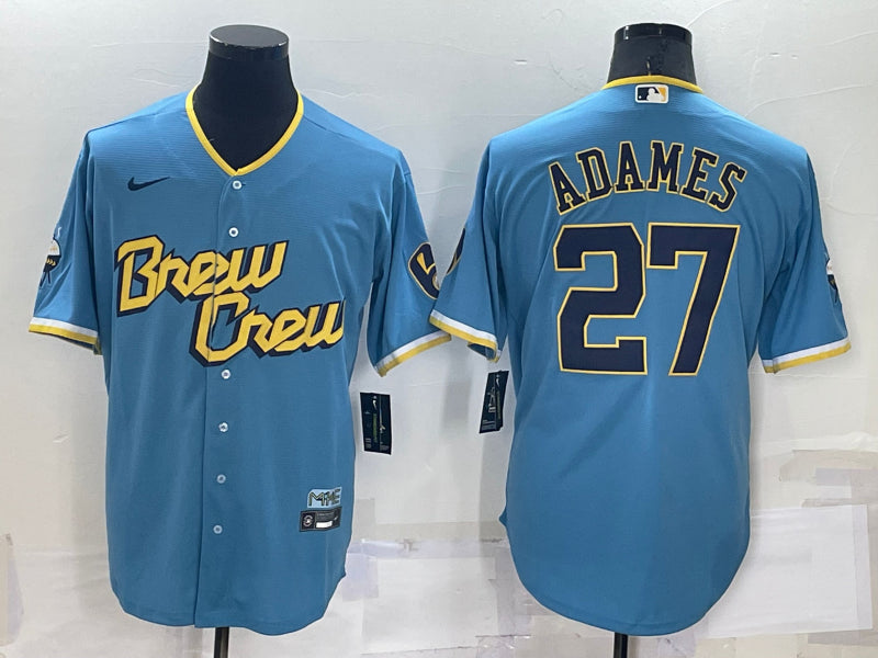 Men’s Milwaukee Brewers Willy Adames #27 Blue Stitched Jersey