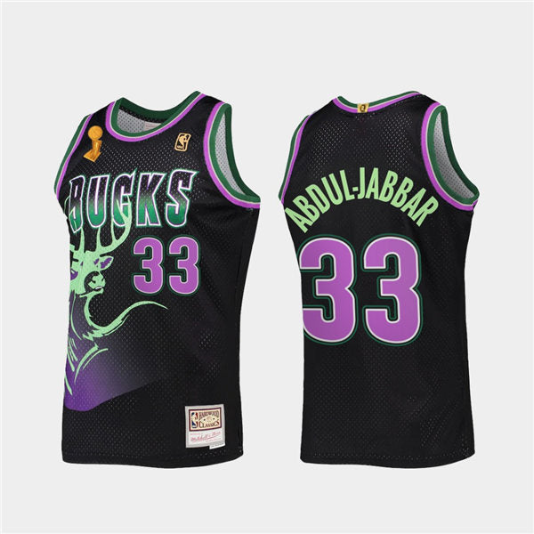 Mens Milwaukee Bucks #33 Kareem Abdul-Jabbar Mitchell & Ness Black HWC Reload 2X NBA Finals Champions Jersey