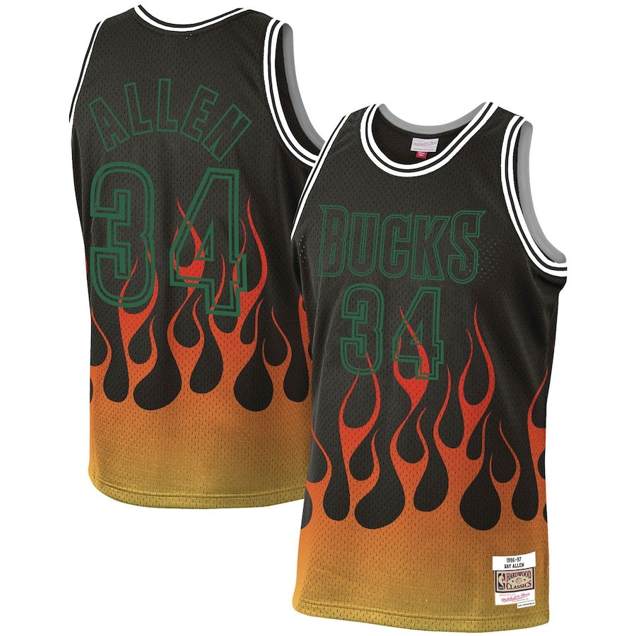 Men’s Milwaukee Bucks #34 Ray Allen Mitchell & Ness 1998-99 NBA Hardwood Classics Black Flames Jersey