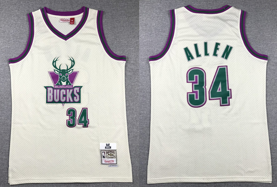 Mens Milwaukee Bucks #34 Ray Allen Mitchell & Ness Chainstitch Swingman Jersey – Cream