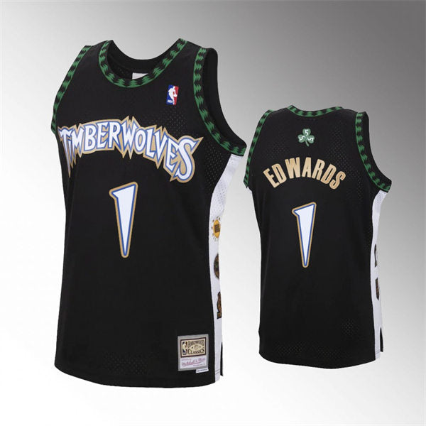 Mens Minnesota Timberwolves #1 Anthony Edwards Mitchell & Ness Black Retro 1990’s Hardwood Classics Jersey