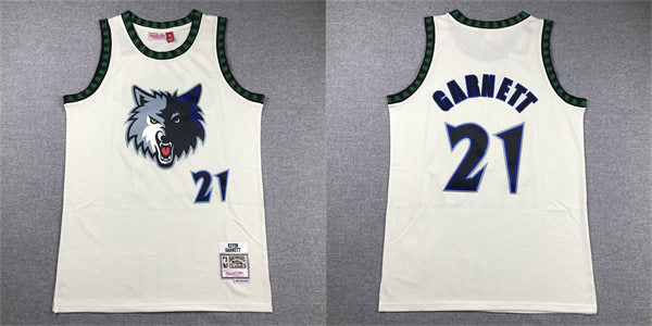 Mens Minnesota Timberwolves #21 Kevin Garnett Mitchell & Ness Chainstitch Swingman Jersey – Cream
