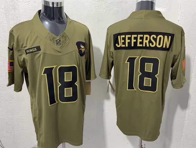 Mens Minnesota Vikings #18 Justin Jefferson Nike 2025 Salute to Service Limited Jersey – Olive