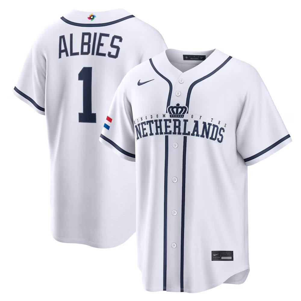 Men’s Netherlands Baseball #1 Ozzie Albies White 2026 World Baseball Classic Home Stadium Jersey