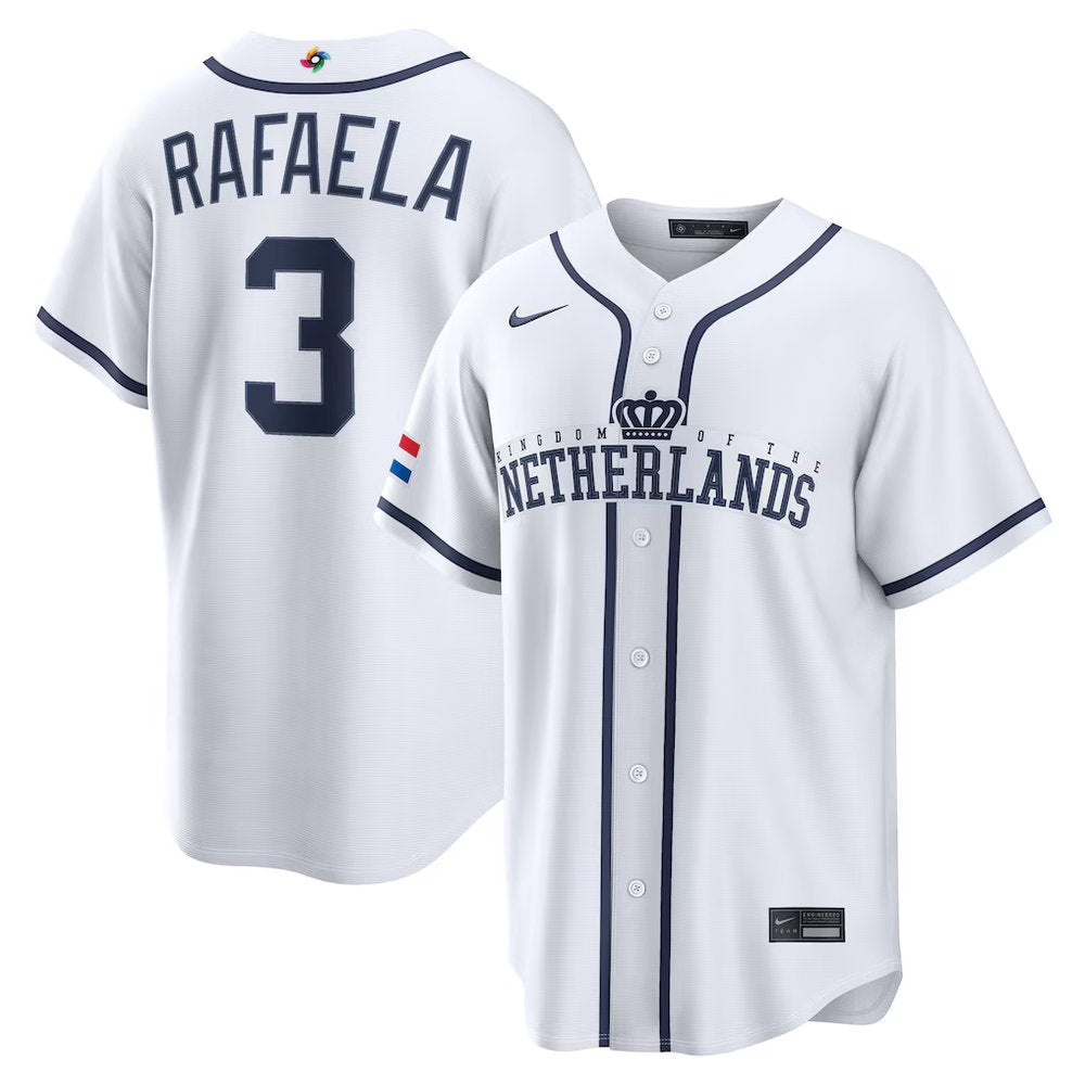 Men’s Netherlands Baseball #3 Ceddanne Rafaela White 2026 World Baseball Classic Home Stadium Jersey