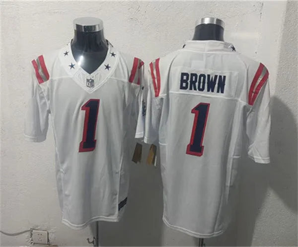 Mens New England Patriots #1 A.J. Brown White Rivalries Replica F.U.S.E. Limited Jersey