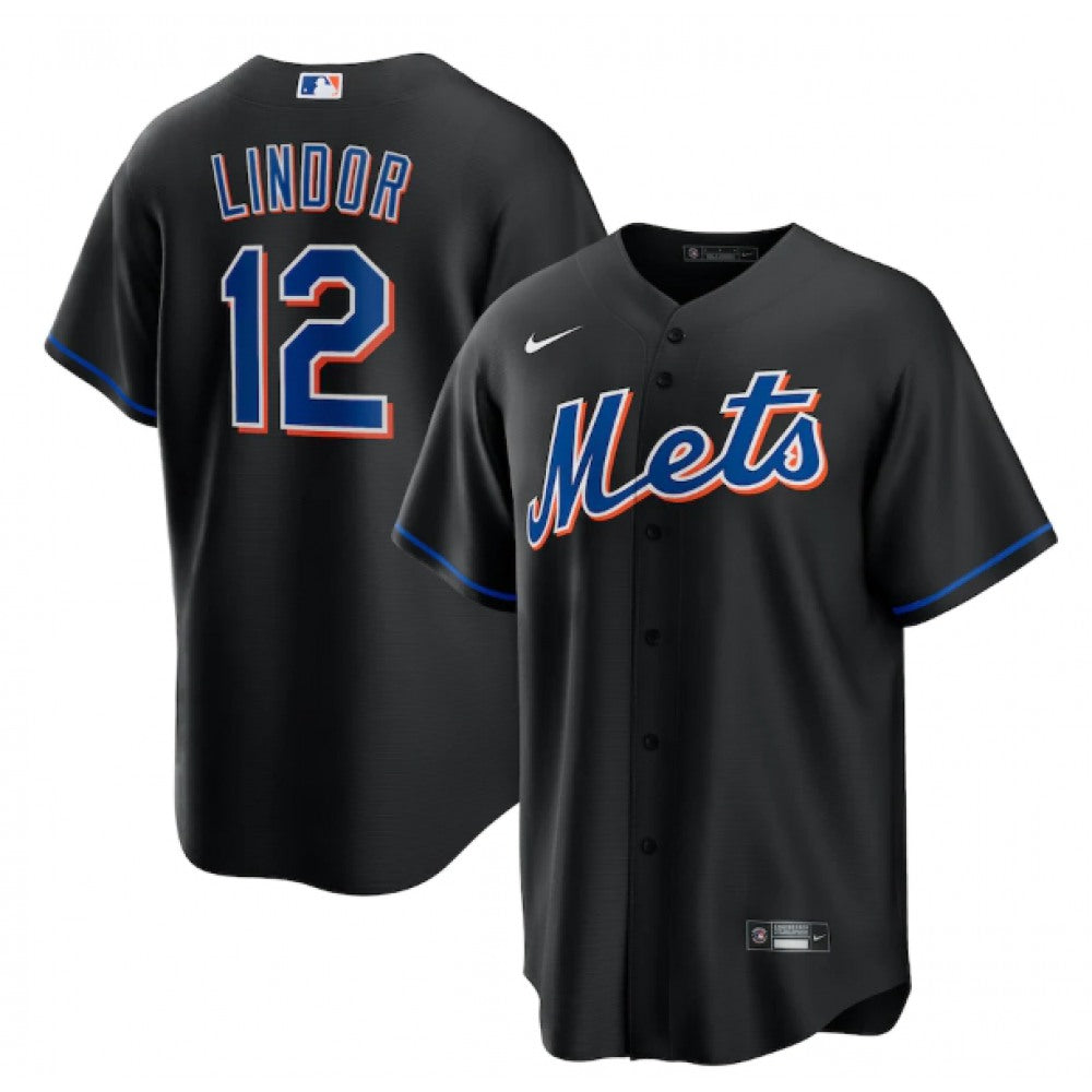 Men’s New York Mets #12 Francisco Lindor 2022 Black Cool Base Stitched Baseball Jersey