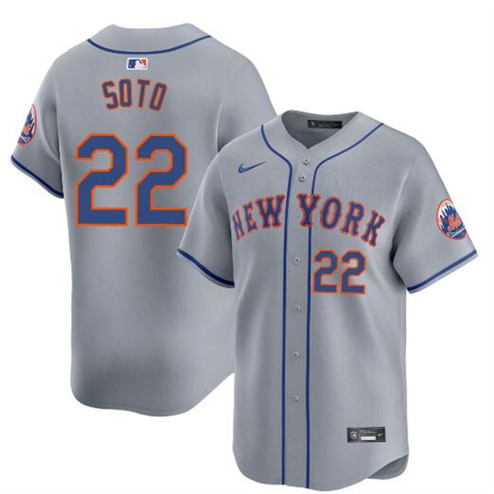 Men’s New York Mets #22 Juan Soto 2024 Gray Away Limited Stitched Baseball Jersey