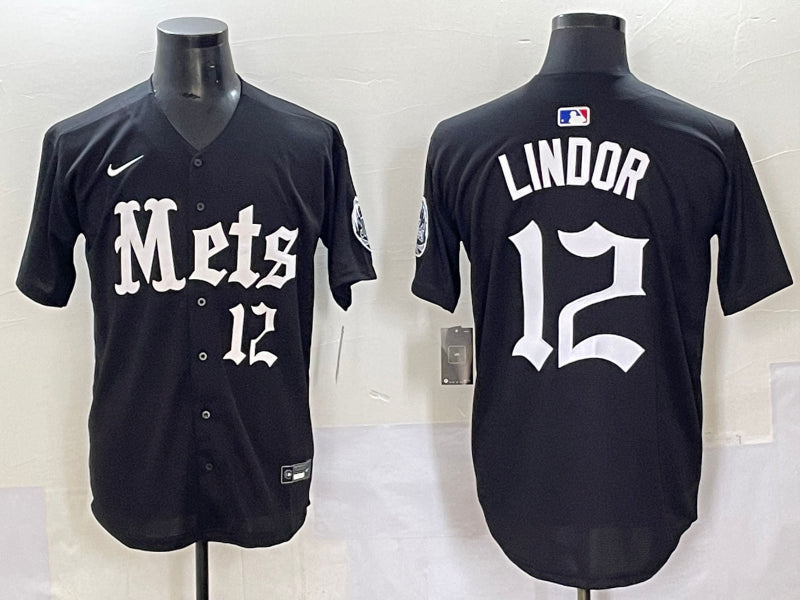 Men’s New York Mets Francisco Lindor #12 Black Jersey