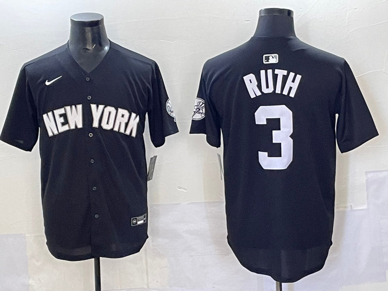Men’s New York Yankees Babe Ruth #3 Black Lights Out Jersey