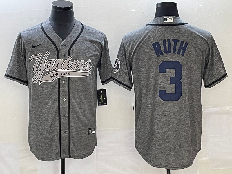 Men’s New York Yankees Babe Ruth #3 Gray Jersey Joint Edition
