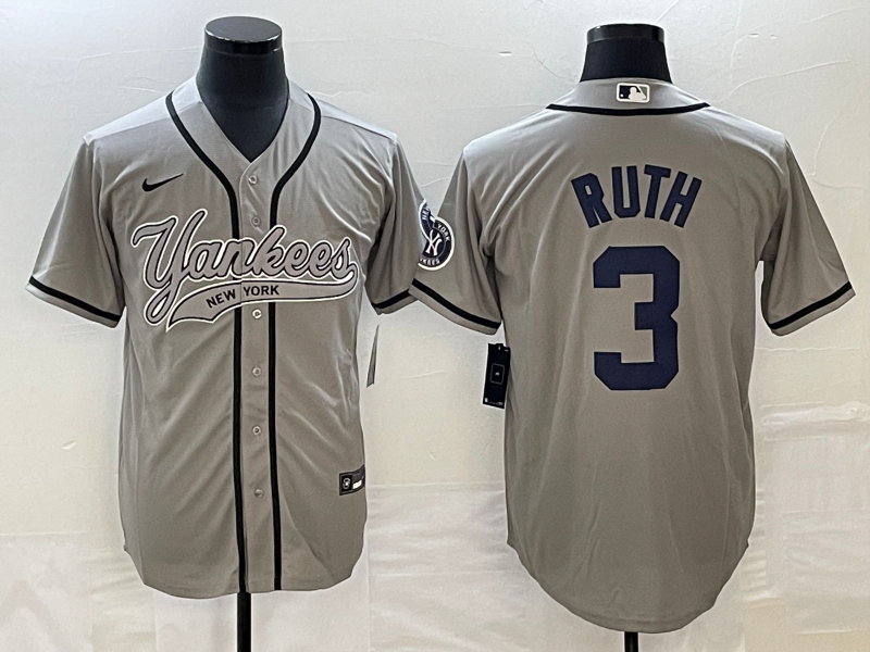 Men’s New York Yankees Babe Ruth #3 Gray Jersey Joint Edition