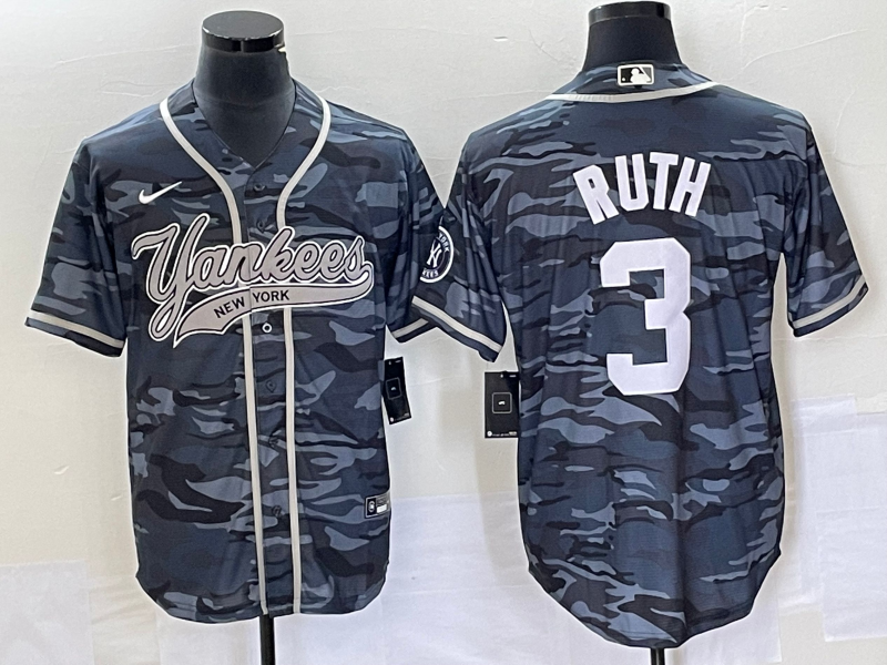 Men’s New York Yankees Babe Ruth #3 Grey Camouflage Jersey Joint Edition