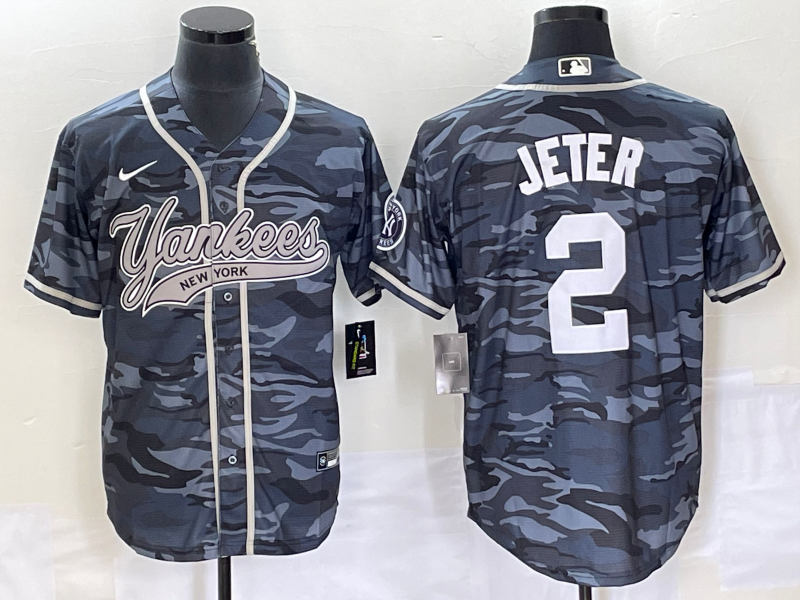 Men’s New York Yankees Derek Jeter #2 Grey Camouflage Jersey Joint Edition