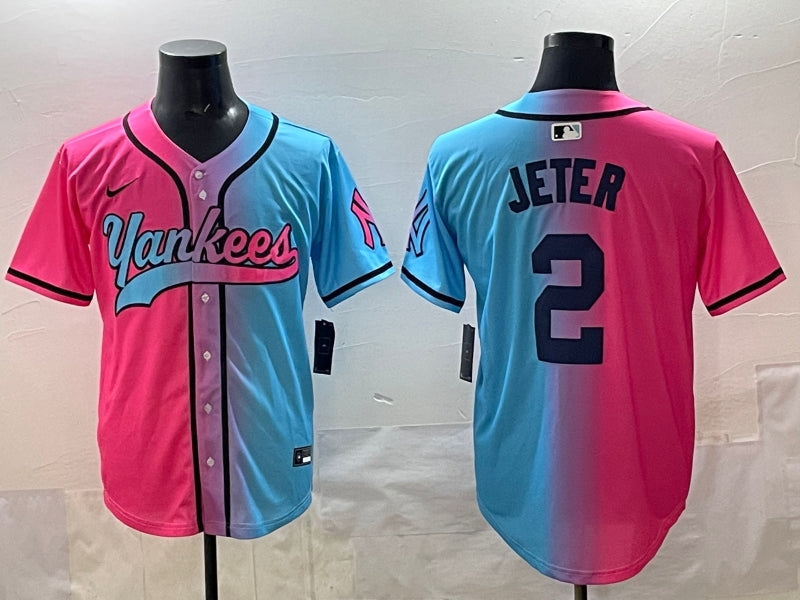 Men’s New York Yankees Derek Jeter #2 Pink/Blue Jersey