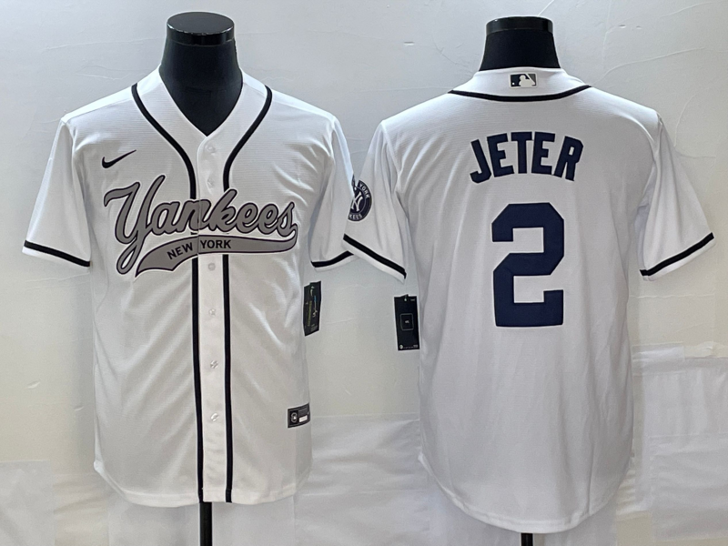 Men’s New York Yankees Derek Jeter #2 White Jersey Joint Edition