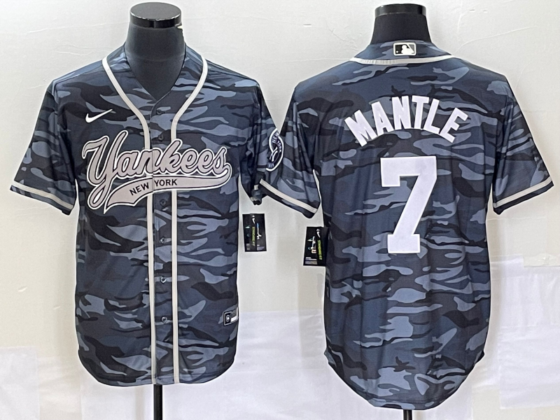 Men’s New York Yankees Mickey Mantle #7 Grey Camouflage Jersey Joint Edition