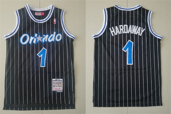 Men’s Orlando Magic #1 Penny Hardaway Black Pinstripe Throwback Jersey