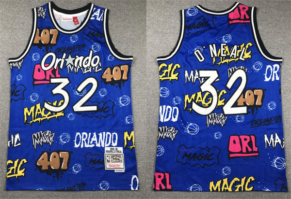 Mens Orlando Magic #32 Shaquille O’neal 1994-95 Mitchell&Ness Graffiti Jersey Blue