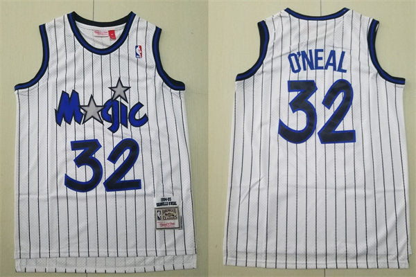 Mens Orlando Magic #32 Shaquille O’neal White Pinstripe 1994-95 Throwback Jersey