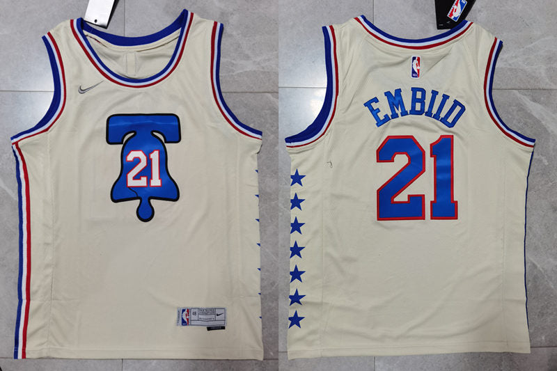 Men’s Philadelphia 76ers #21 Joel Embiid Nike Cream 2021 Earned Edition Swingman Jersey