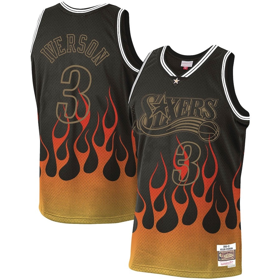 Men’s Philadelphia 76ers #3 Allen Iverson Mitchell & Ness 1998-99 NBA Hardwood Classics Black Flames Jersey